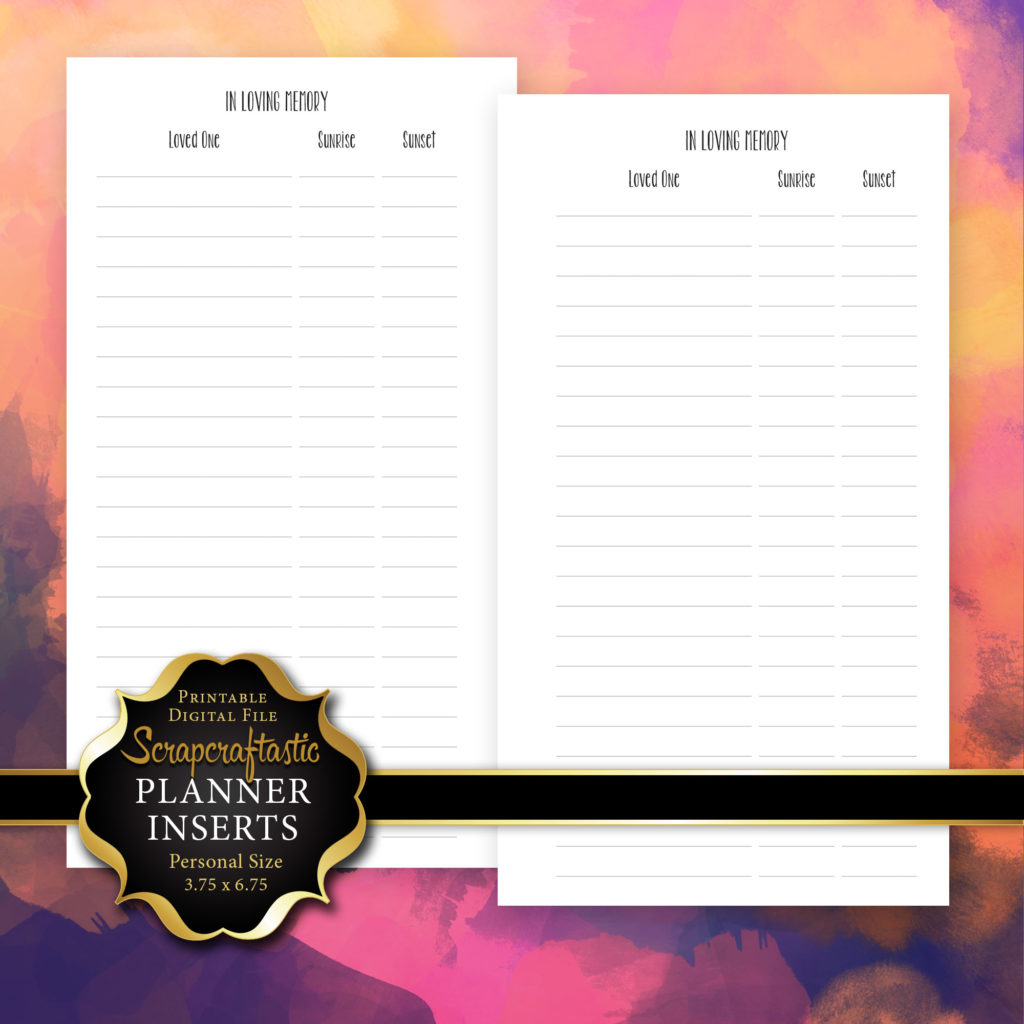 In Loving Memory Personal Size Printable Planner Inserts