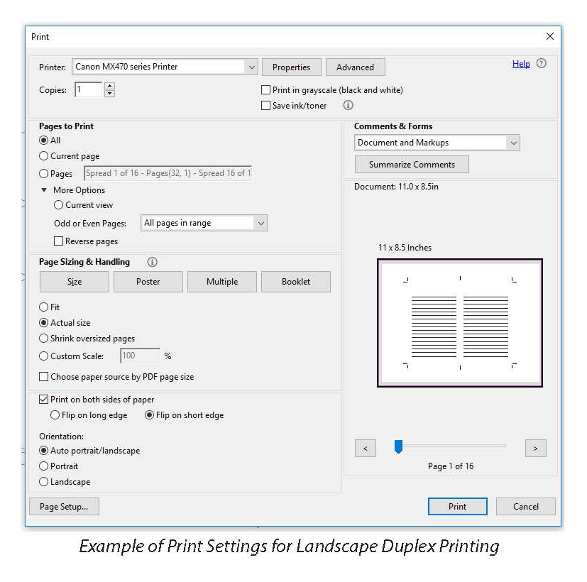 Example of Print Settings for Landscape Duplex Printing