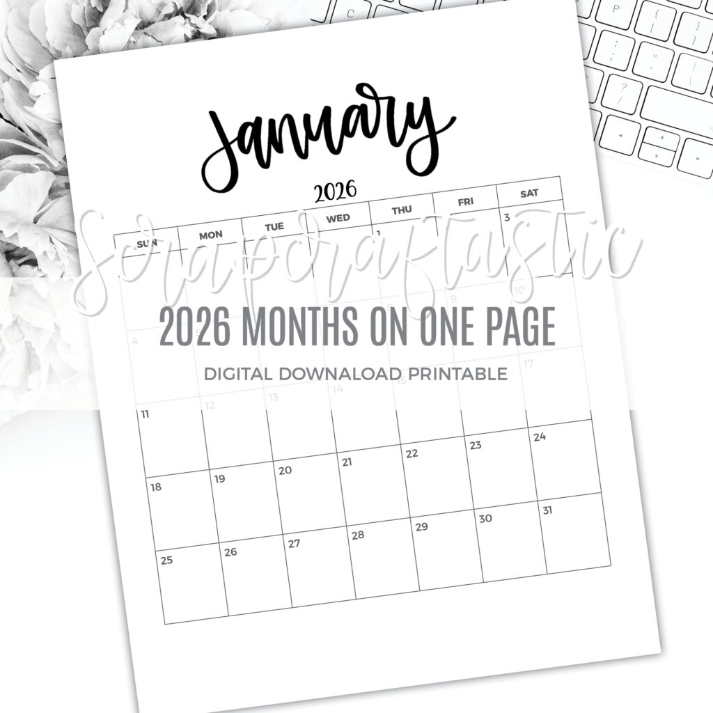 2026 Month On One Page Free Printable